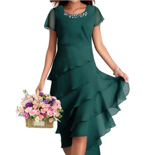 WINDEHAO Gestuftes Hochzeitsgästekleider für Damen, gestuftes Chiffon-Maxikleid, gestuftes Rüschen-Cocktailkleid, Übergröße, gestuftes Kleid mit Perlen, grün, X-Large von WINDEHAO