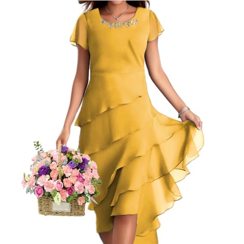 WINDEHAO Gestuftes Hochzeitsgästekleider für Damen, gestuftes Chiffon-Maxikleid, gestuftes Rüschen-Cocktailkleid, Übergröße, gestuftes Kleid mit Perlen von WINDEHAO