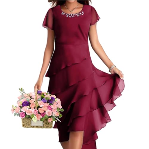 WINDEHAO Gestuftes Hochzeitsgästekleider für Damen, gestuftes Chiffon-Maxikleid, gestuftes Rüschen-Cocktailkleid, Übergröße, gestuftes Kleid mit Perlen von WINDEHAO