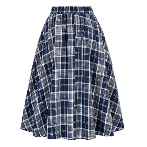 WINDEHAO Herbst Winter Damen Hohe Taille Rock, Vintage Plaid Wollrock A-Linie Plissee Langer, Blau von WINDEHAO