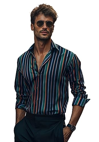 WINDEHAO Herren Casual Langarm gestreiftes bedrucktes Hemd Mode Button Down Strand Yoga Top Lang anhaltender Komfort Regular-Fit Hemd (C35-4,L) von WINDEHAO