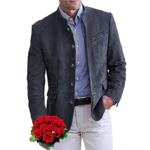 WINDEHAO Herren Retro Stehkragen Einreiher Slim Fit Multi Pocket Blazer Klassische Knopfleiste Wildleder Jacke Business Blazer Anzugjacke von WINDEHAO