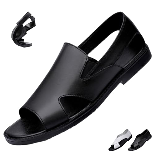 WINDEHAO Herren-Sandalen aus echtem Leder mit Aussparungen, weiche Unterseite, leicht, flache Schlupfsandalen, Sommer, lässig, Strand, Outdoor, Wasserschuhe, Schwarz 2828 7, 46 EU von WINDEHAO