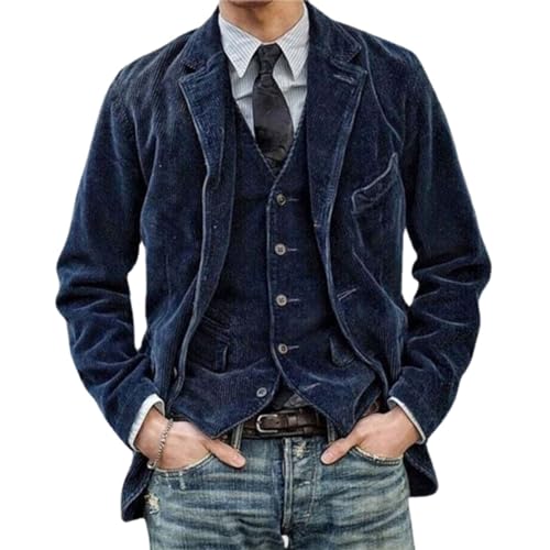 WINDEHAO Herren Vintage Cord Revers Jacke Casual Cord Blazer Jacke Revers Kragen Knopf Anzug Slim Business Dinner Jacken Mantel, marineblau, M von WINDEHAO