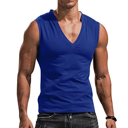 WINDEHAO Herrenweste mit V-Ausschnitt, einfarbig, lässig, schlank, ärmellos, T-Shirt, atmungsaktiv, Sport-Unterhemd, Tank Top für Laufen, Fitnessstudio, (Blau, L) von WINDEHAO