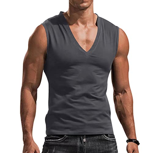 WINDEHAO Herrenweste mit V-Ausschnitt, einfarbig, lässig, schlank, ärmellos, T-Shirt, atmungsaktiv, Sport-Unterhemd, Tank Top für Laufen, Fitnessstudio, (Dunkelgrau, L) von WINDEHAO