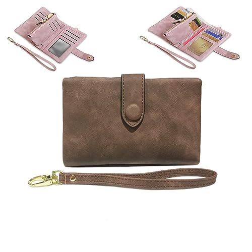 WINDEHAO Small Leather Trifold Wallets for Women Mini Wristlet Clutch Zipper Coin Purse with Wrist Strap,Large Capacity Leather Wallets (Coffee) von WINDEHAO