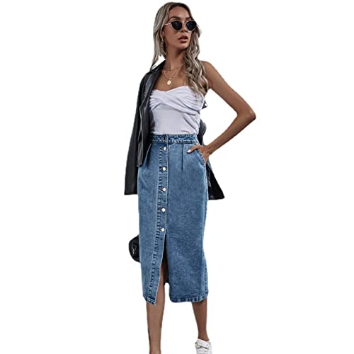 WINDEHAO Sommer Damen Jeansrock mit hoher Taille, modischer knielanger Jeansrock, mittellanger einreihiger Denim-Paket, Hüftrock, blau, 34 von WINDEHAO