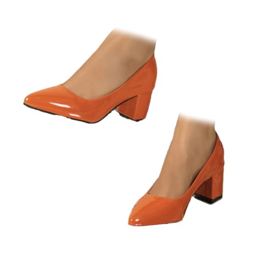 WINDEHAO Stilvolle Damen-Sandalen mit hohem Absatz, spitzer Zehenbereich, klobiger Blockabsatz, glänzende Pumps, bequeme Anzugschuhe für Business und Arbeit, Orange, 44 EU von WINDEHAO