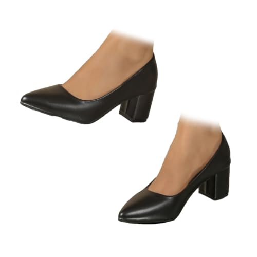 WINDEHAO Stilvolle Damen-Sandalen mit hohem Absatz, spitzer Zehenbereich, klobiger Blockabsatz, glänzende Pumps, bequeme Anzugschuhe für Business und Arbeit, Schwarz 3, 44 EU von WINDEHAO