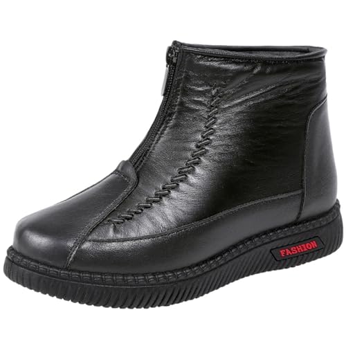 WINDEHAO Women's Leather Non-Slip Ankle Boots Fur Lined Winter Warm Snow Boots Outdoor Waterproof Lightweight Thick Plush Snow Shoe (Black,39) von WINDEHAO
