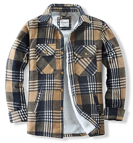 WINDFIT Herren Baumwolle Flanell Hemdjacke Fleece gefüttert Langarm Plaid Hemd für Männer, Khaki, M von WINDFIT