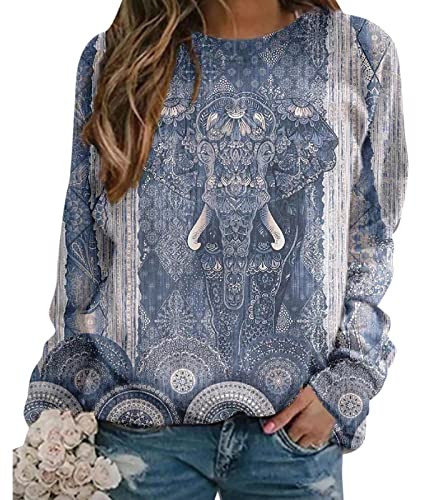 Damen Langarm Sweatshirt mit niedlichem Elefanten Print und Rundhalsausschnitt, lockeres, lässiges Frühlings Herbst T-Shirt von WINJAPAN