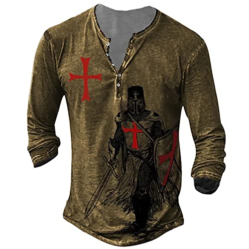 WINJAPAN Herren Tempelritter 3D Bedruckte T-Shirts Vintage Langarm Distressed Henley Shirt Retro Outdoor Sports Tactical T-Shirt Tops von WINJAPAN