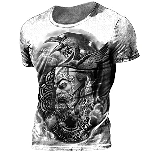 WINJAPAN Kurzarm-T-Shirt mit Wikinger-Aufdruck für Herren Retro Viking Odin Totem 3D-Digitaldruck mit Rundhalsausschnitt T-Shirts Sommer-T-Shirts von WINJAPAN