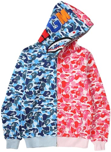 WINKEEY Herren Shark Hoodie Hip Hop Kapuzenpullover Mit Reißverschluss Langarm Sweatshirt mit Haifisch Druck Shark Head Zipper Jacken, Blaue und Rote Tarnung S von WINKEEY