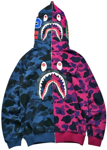 WINKEEY Herren Shark Hoodie Hip Hop Kapuzenpullover Mit Reißverschluss Langarm Sweatshirt mit Haifisch Druck Shark Head Zipper Jacken, Blaue und Violette Tarnung 4XL von WINKEEY