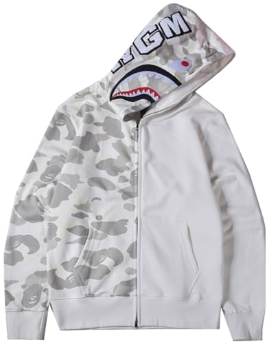 WINKEEY Herren Shark Hoodie Hip Hop Kapuzenpullover Mit Reißverschluss Langarm Sweatshirt mit Haifisch Druck Shark Head Zipper Jacken, Halb Grau M von WINKEEY