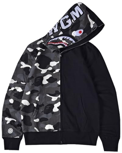 WINKEEY Herren Shark Hoodie Hip Hop Kapuzenpullover Mit Reißverschluss Langarm Sweatshirt mit Haifisch Druck Shark Head Zipper Jacken, Halb Schwarz M von WINKEEY