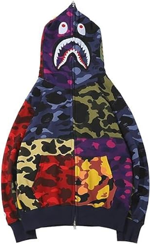 WINKEEY Herren Shark Hoodie Hip Hop Kapuzenpullover Mit Reißverschluss Langarm Sweatshirt mit Haifisch Druck Shark Head Zipper Jacken, Mehrfarbige Nähte M von WINKEEY