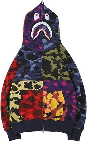 WINKEEY Herren Shark Hoodie Hip Hop Kapuzenpullover Mit Reißverschluss Langarm Sweatshirt mit Haifisch Druck Shark Head Zipper Jacken, Mehrfarbige Nähte S von WINKEEY