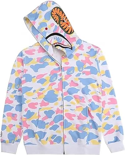 WINKEEY Herren Shark Hoodie Hip Hop Kapuzenpullover Mit Reißverschluss Langarm Sweatshirt mit Haifisch Druck Shark Head Zipper Jacken, Pink Blau L von WINKEEY