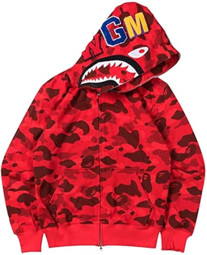 WINKEEY Herren Shark Hoodie Hip Hop Kapuzenpullover Mit Reißverschluss Langarm Sweatshirt mit Haifisch Druck Shark Head Zipper Jacken, Rot XXL von WINKEEY