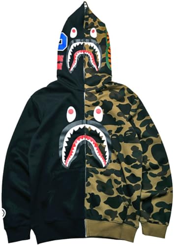 WINKEEY Herren Shark Hoodie Hip Hop Kapuzenpullover Mit Reißverschluss Langarm Sweatshirt mit Haifisch Druck Shark Head Zipper Jacken, Schwarz Grün XXL von WINKEEY