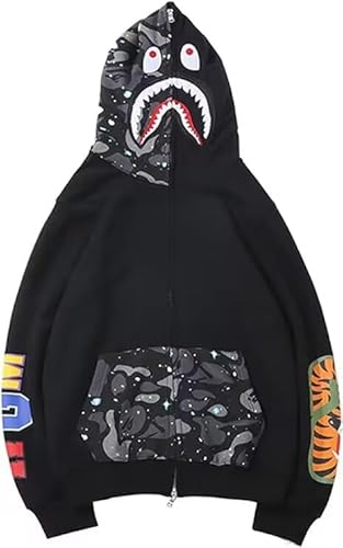 WINKEEY Herren Shark Hoodie Hip Hop Kapuzenpullover Mit Reißverschluss Langarm Sweatshirt mit Haifisch Druck Shark Head Zipper Jacken, Schwarzer Sternenhimmel XL von WINKEEY