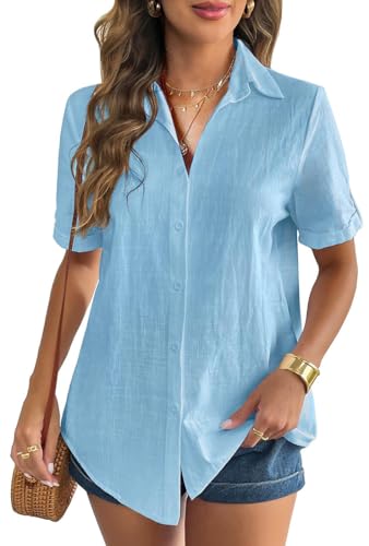 WINKEEY Bluse Damen Musselin Hemdbluse Leinenbluse Leinenhemd V-Ausschnitt 100% Baumwolle Elegant Blusen Tuniken Für Damen Mit Knöpfen T Shirt Kurzarm,Blau XL von WINKEEY