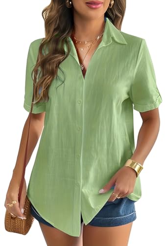 WINKEEY Bluse Damen Musselin Hemdbluse Leinenbluse Leinenhemd V-Ausschnitt 100% Baumwolle Elegant Blusen Tuniken Für Damen Mit Knöpfen T Shirt Kurzarm,Grün M von WINKEEY