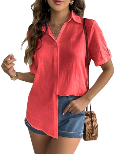 WINKEEY Bluse Damen Musselin Hemdbluse Leinenbluse Leinenhemd V-Ausschnitt 100% Baumwolle Elegant Blusen Tuniken Für Damen Mit Knöpfen T Shirt Kurzarm,Rot S von WINKEEY