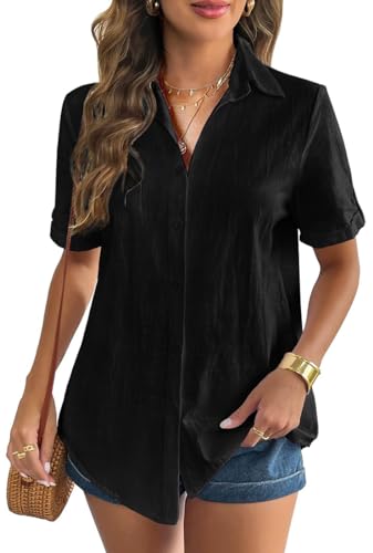 WINKEEY Bluse Damen Musselin Hemdbluse Leinenbluse Leinenhemd V-Ausschnitt 100% Baumwolle Elegant Blusen Tuniken Für Damen Mit Knöpfen T Shirt Kurzarm,Schwarz M von WINKEEY