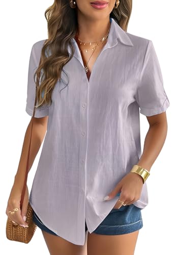WINKEEY Bluse Damen Musselin Hemdbluse Leinenbluse Leinenhemd V-Ausschnitt 100% Baumwolle Elegant Blusen Tuniken Für Damen Mit Knöpfen T Shirt Kurzarm,Violett XL von WINKEEY