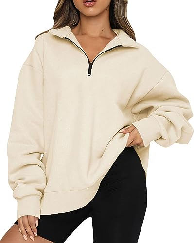 WINKEEY Damen 1/4 Zip Sweatshirt Oversized Hoodie Langarm Pullover Drop Shoulder Herbst Winter Oberteile,Beige M von WINKEEY