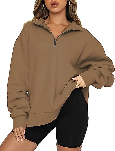 WINKEEY Damen 1/4 Zip Sweatshirt Oversized Hoodie Langarm Pullover Drop Shoulder Herbst Winter Oberteile,Braun L von WINKEEY