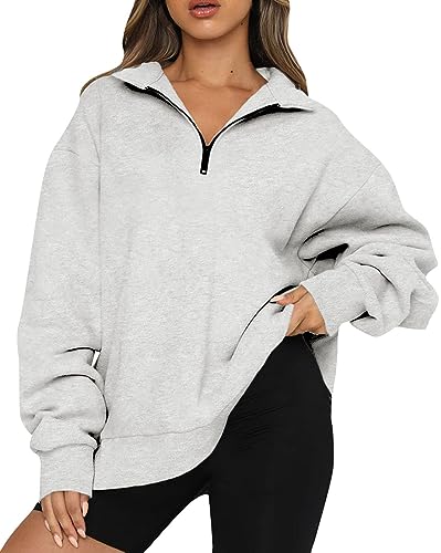 WINKEEY Damen 1/4 Zip Sweatshirt Oversized Hoodie Langarm Pullover Drop Shoulder Herbst Winter Oberteile,Hellgrau S von WINKEEY