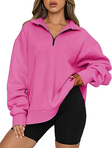 WINKEEY Damen 1/4 Zip Sweatshirt Oversized Hoodie Langarm Pullover Drop Shoulder Herbst Winter Oberteile,Rosa Rot XXL von WINKEEY