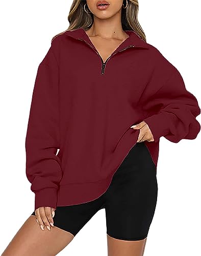 WINKEEY Damen 1/4 Zip Sweatshirt Oversized Hoodie Langarm Pullover Drop Shoulder Herbst Winter Oberteile,Weinrot M von WINKEEY