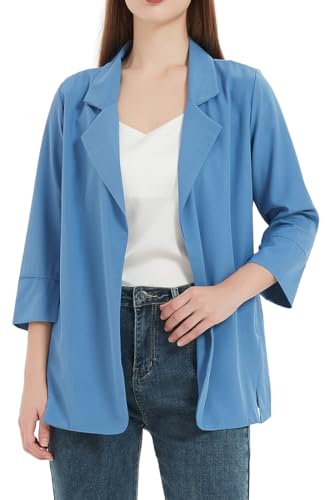 WINKEEY Damen Blazer mit Revers Offene Front Cardigan Casual Arbeit Büro Jacke Langarm Elegant Business Blazer Leicht Chiffon Cardigan,Blau L von WINKEEY