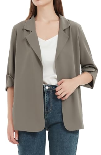 WINKEEY Damen Blazer mit Revers Offene Front Cardigan Casual Arbeit Büro Jacke Langarm Elegant Business Blazer Leicht Chiffon Cardigan,Grau M von WINKEEY