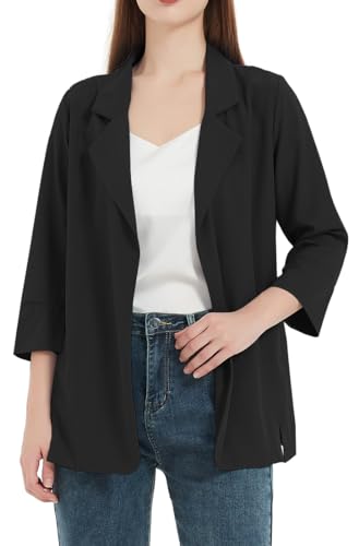 WINKEEY Damen Blazer mit Revers Offene Front Cardigan Casual Arbeit Büro Jacke Langarm Elegant Business Blazer Leicht Chiffon Cardigan,Schwarz L von WINKEEY