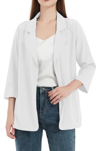 WINKEEY Damen Blazer mit Revers Offene Front Cardigan Casual Arbeit Büro Jacke Langarm Elegant Business Blazer Leicht Chiffon Cardigan,Weiß L von WINKEEY