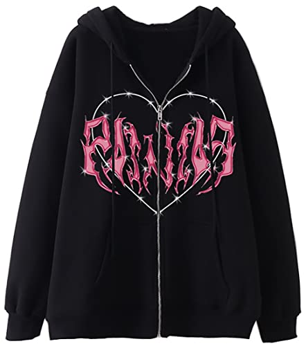 WINKEEY Damen Grafik Herz Print Hoodie Y2K E-Girl Langarm Reißverschluss Kapuze Oversized Jacke Sweatshirt, Schwarz, S von WINKEEY