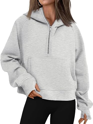 WINKEEY Damen Half Zip Hoodie Crop Sweatjacke Mit Kapuze Langarm Kurz Pulli Fitness Sport Pullover Mit Tasche,Grau XL von WINKEEY