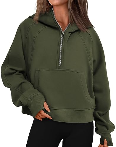 WINKEEY Damen Half Zip Hoodie Crop Sweatjacke Mit Kapuze Langarm Kurz Pulli Fitness Sport Pullover Mit Tasche,Grün L von WINKEEY