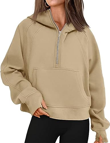 WINKEEY Damen Half Zip Hoodie Crop Sweatjacke Mit Kapuze Langarm Kurz Pulli Fitness Sport Pullover Mit Tasche,Khaki S von WINKEEY