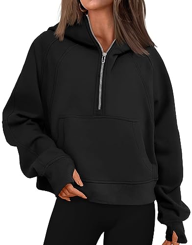 WINKEEY Damen Half Zip Hoodie Crop Sweatjacke Mit Kapuze Langarm Kurz Pulli Fitness Sport Pullover Mit Tasche,Schwarz L von WINKEEY