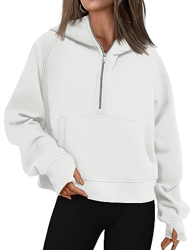 WINKEEY Damen Half Zip Hoodie Crop Sweatjacke Mit Kapuze Langarm Kurz Pulli Fitness Sport Pullover Mit Tasche,Weiß XL von WINKEEY