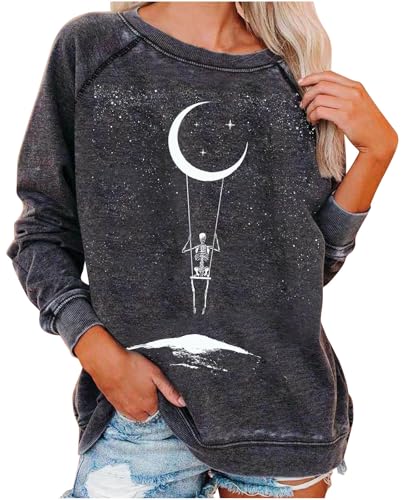 WINKEEY Damen Halloween Sweatshirt Schädel Grafik T Shirts Langarmshirt Pullover Gothic Tops Skelett Kostüm Funny Halloween Costume,Grau4 XL von WINKEEY